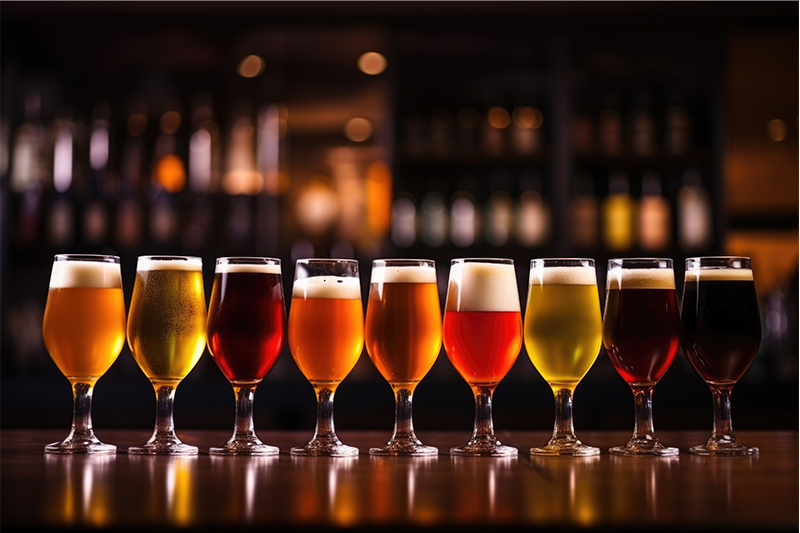 並べられたグラスに様々なお酒が入っている